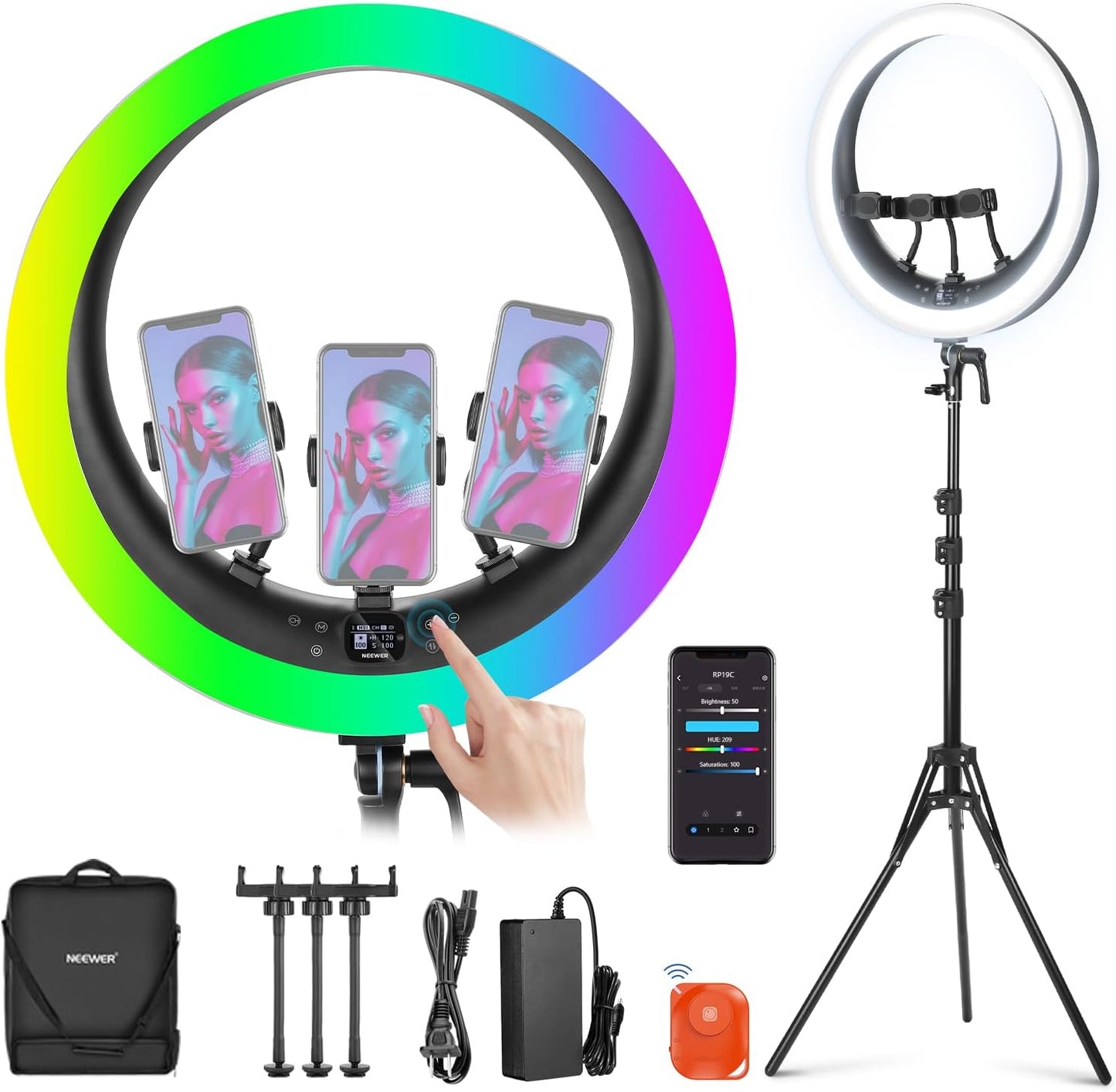 NEEWER 19" RGB LED Ring Light with Stand, 3 Phone Holders, Touch Panel, 2.4G/App Control, 42W CRI97+ 2800lux/0.5m 360° Hue Dimmable Professional Lighting for Makeup Live Streaming Zoom Calls, RP19C