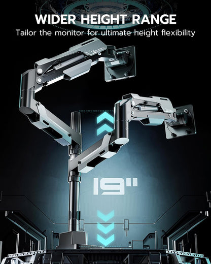 ARES WING Dual Monitor Mount, Adjustable Stacked Monitor Stand with USB A/C, Heavy Duty Gas Spring Monitor Desk Stand for 2 Monitors for 24-57 Inch Ultrawide Screen, 75/100/200 Vesa Mount, Black