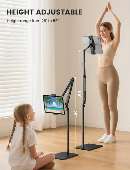 Floor Tablet Stand Phone Holder - Lamicall [55" Height Adjustable][ Flexible Arm] Multi Angle Tablet Holder, 5lb Weighted Base Bed Mount For 4.7-13" Devices, iPad Pro Air Mini, Kindle, Tabs, E-Readers