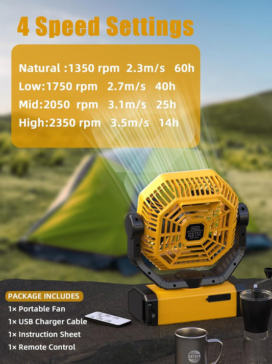 Orteen Rechargeable 9-Inch Portable Table Fan, 20000mAh Battery Powered Camping Fan with Auto Oscillation, Remote Control, LED Light, Hook - 20000mAh-Yellow
