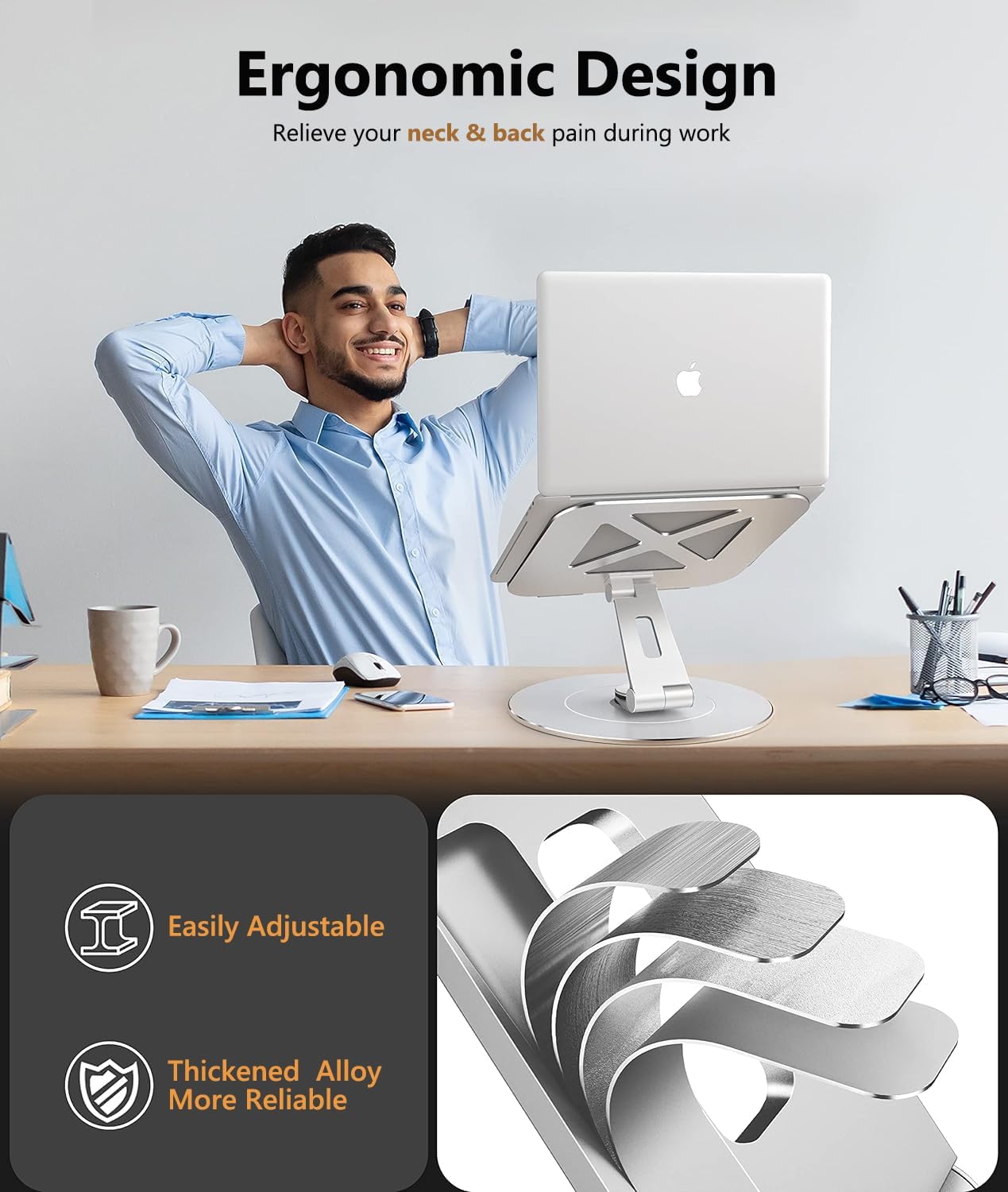 Ultra-Stable Swivel Laptop Stand for Desk with 360 Rotating Larger Base, Military-Grade Aluminum, Anti-Loosening Structure, Height Adjustable Laptop Stand, Suitable for 10"-17.3",Ocean-Grey