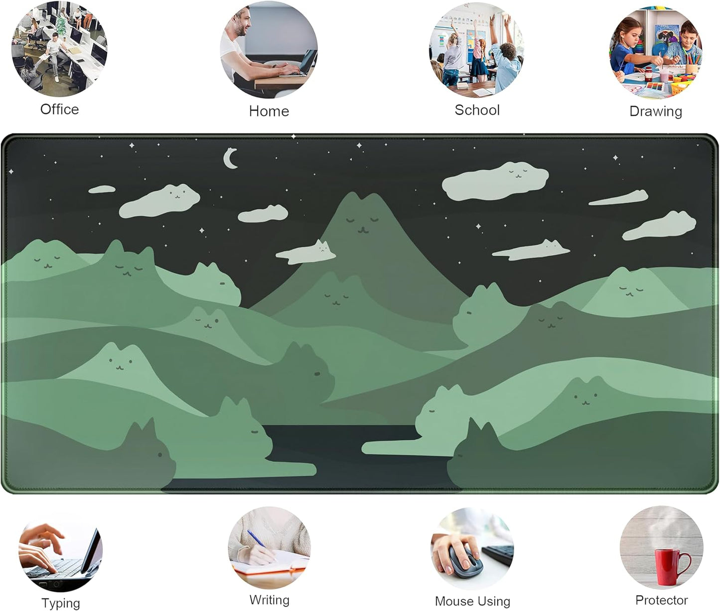 Anime Green Cats Mouse Pad Desk Pad Kawaii Cartoon Cat Desk Mat Cute, XXL Large Laptop Gaming Mousepad Keyboard Mouse Mat, Office Desk Decor matt for Women with Stitched Eges Pad, 31.5x15.75 in