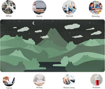 Anime Green Cats Mouse Pad Desk Pad Kawaii Cartoon Cat Desk Mat Cute, XXL Large Laptop Gaming Mousepad Keyboard Mouse Mat, Office Desk Decor matt for Women with Stitched Eges Pad, 31.5x15.75 in