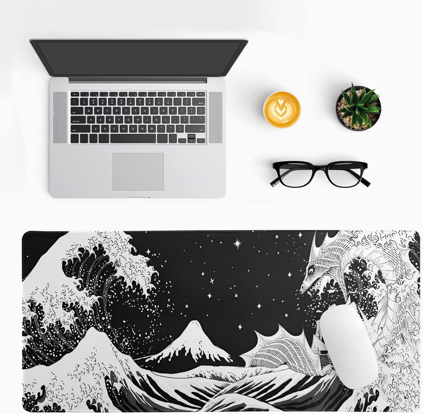 Black and White Japanese Wave Dragon Gaming Mouse Pad - Abstract Mat with Non-Slip Rubber Base, 31.5x11.8 Inch, Stitched Edges - Desk Pad for Office and Home