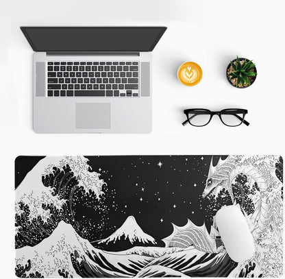 Black and White Japanese Wave Dragon Gaming Mouse Pad - Abstract Mat with Non-Slip Rubber Base, 31.5x11.8 Inch, Stitched Edges - Desk Pad for Office and Home