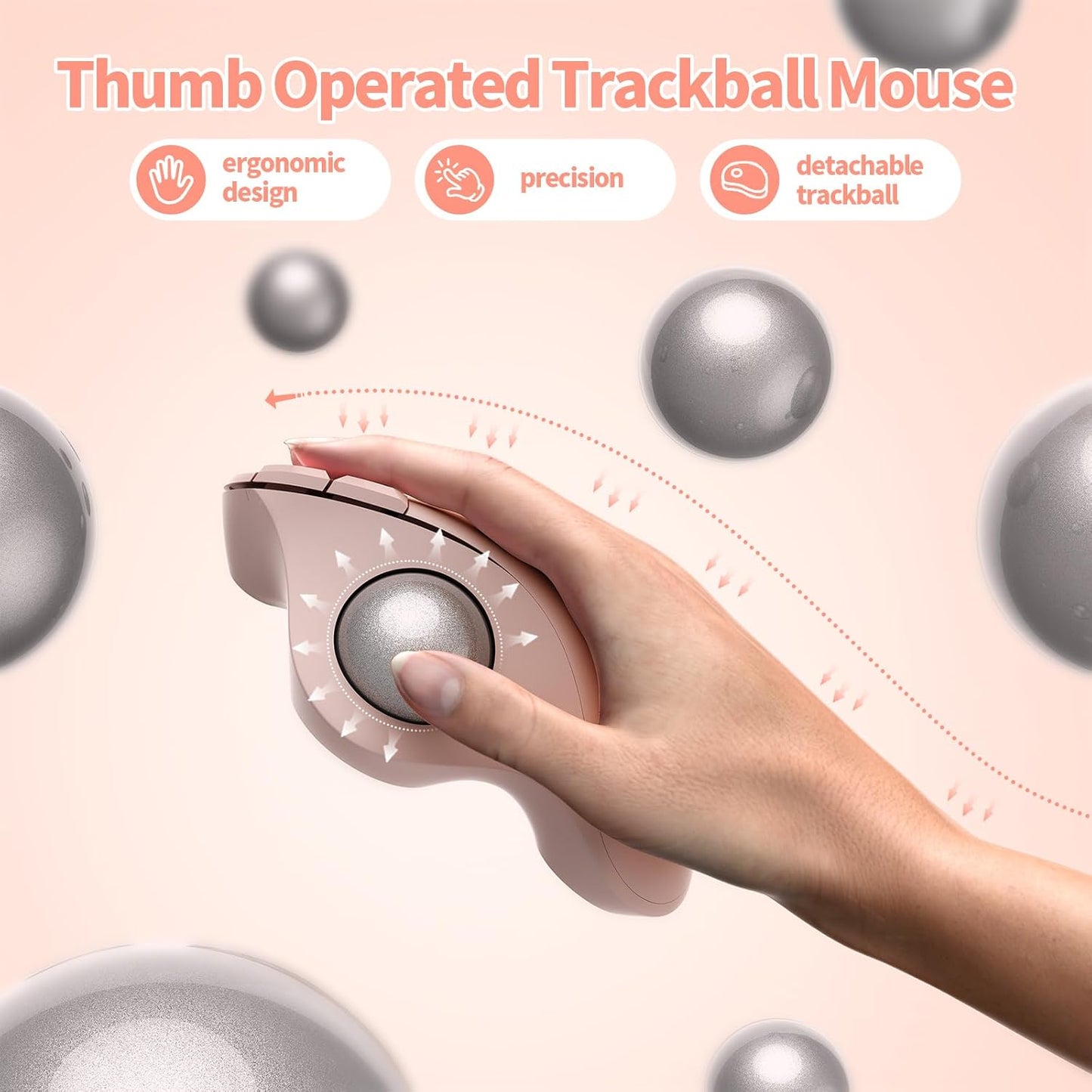 seenda Wireless Trackball Mouse, Bluetooth Ergonomic Rollerball Mouse, Rechargeable Multi Devices USB/Bluetooth Connection Thumb Control Compatible for Mac/Android/Windows Computers, Rose Pink