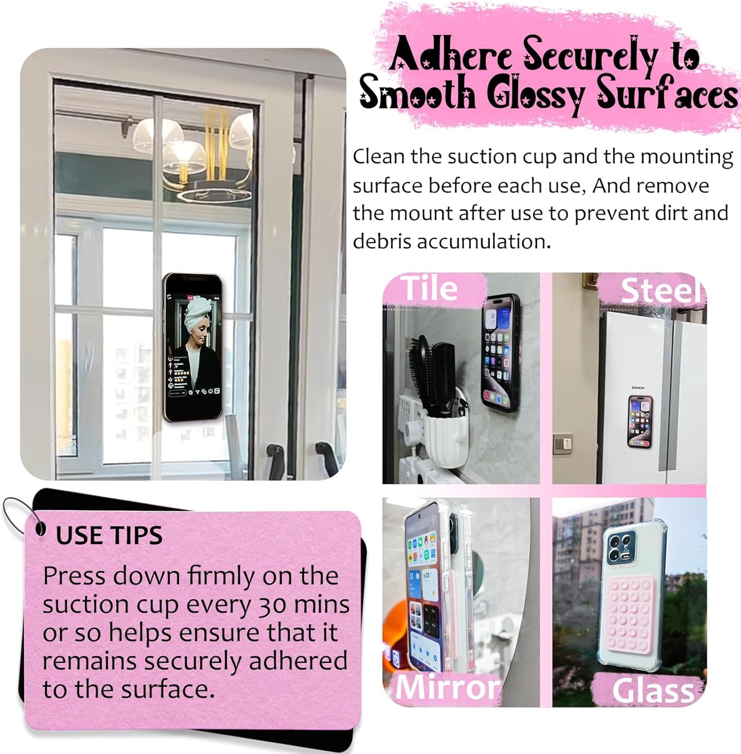 Silicone Suction Phone Case Mount, Non Slip Sticky Phone Grip for Cellphone, Silicon Adhesive Suction Cup Phone Mount, Strong Grip Holder for Selfies and Videos (White)