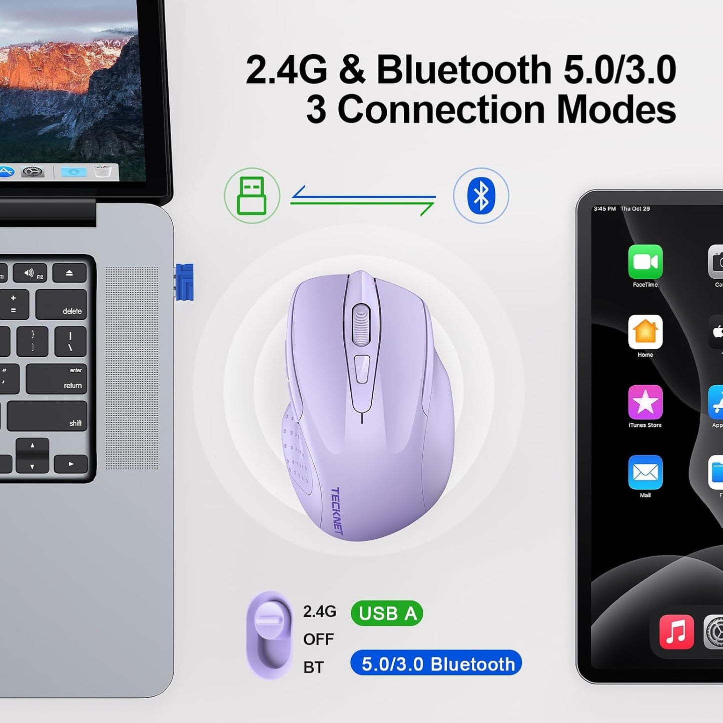 TECKNET Wireless Mouse (2.4G & BT5.0/3.0) Silent 4800 DPI Computer USB A & Bluetooth Mouse 6 Buttons, Wide Compatibility - Lavender