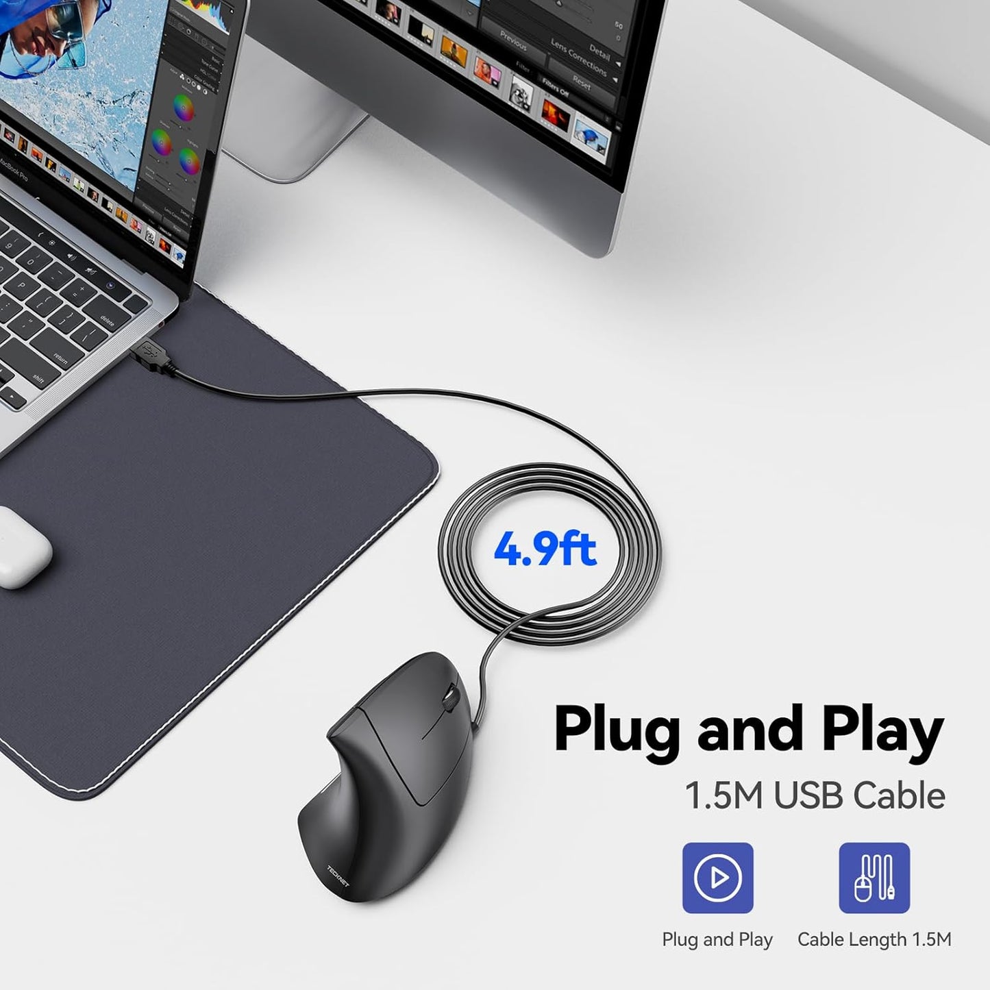 TECKNET Wired Mouse, 6400 DPI Ergonomic Mouse 6 Buttons Silent Mice 4 Adjustable DPI Vertical Mouse Compatible with Windows/Chrome/Laptop/Computer