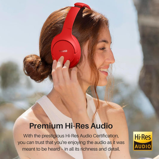 TOZO HT2 Hybrid Active Noise Cancelling Headphones, Wireless Over Ear Bluetooth Headset, 60H Playtime, Hi-Res Audio Custom EQ via App Deep Bass Comfort Fit Ear Cups, for Home Office Travel Red