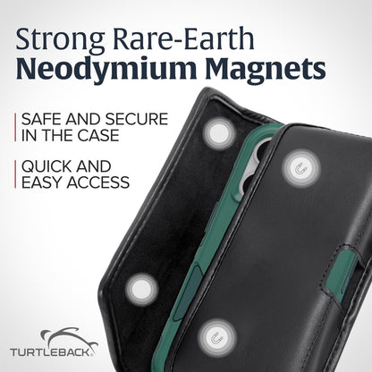 Turtleback Belt Holder for iPhone 16 Pro Max, 15 Pro Max, 14 Pro Max -Medium- Fits w/Shockproof Commuter Style Cases, Premium Black Leather Horizontal Case Magnetic Closure Leather Wrapped Clip