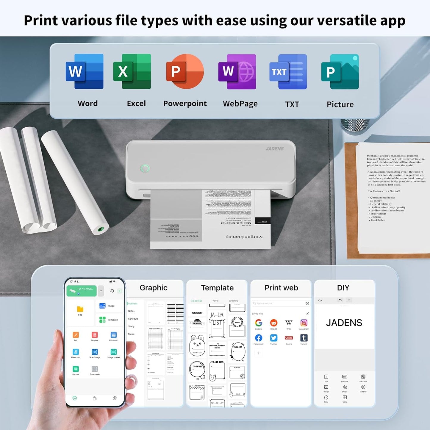JADENS Portable Printers Wireless for Travel, Thermal Inkless Printer, Support 8.5" X 11" Thermal Paper, Compatible with iOS, Android & Laptop