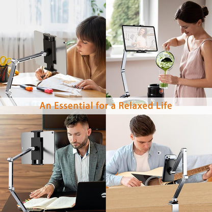 iPad Mount for Desk Aluminum Alloy Tablet Stand Foldable Overhead Arm Holder Mount Fits for 4.7-15.6" Screen Phone,Kindle,Fire HD,Monitor,iPad,Galaxy Tab Series (Gray)