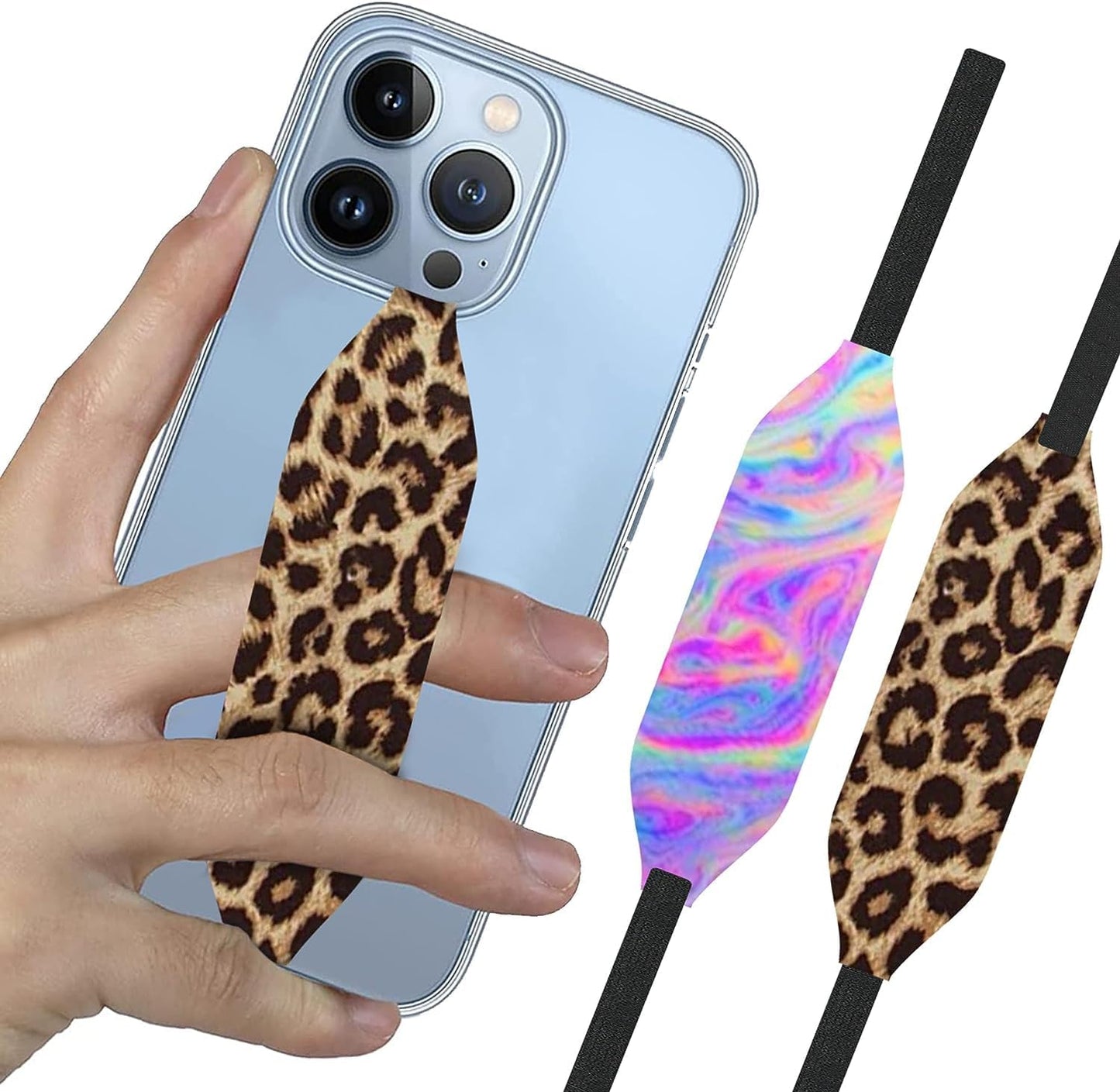 Phone Grip Strap - Reversible Finger Holder for Phone Back, Customizable Anti-Slip Design, Wireless Charging Compatible Detachable Holder for iPhone - Leopard & Pink Tie dye