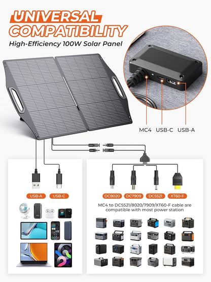 BigBlue 100W Solar Panel w/USB-C(45W PD)+USB-A(Fast Charging 18W) & MC-4 Ports, IP68 Waterproof, Camping Essentials, Folding Portable Solar Charger w/Kickstand for Power Stations, Phones, Tablets