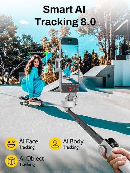 Gimbal Stabilizer for iPhone & Android, 3-Axis Phone Gimbal with OLED Screen, 7.8" Extendable Rod, Face & Gesture Tracking, Ideal for Vlogging, Travel & Video Recording-Smart V8 White