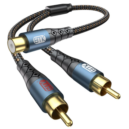 EMK RCA Splitter 2 Male to Female Extension Cable Dual Shielding Gold Plated Nylon Braided RCA Splitter 1 Female to 2 Male Cord Adapter 1ft/30CM