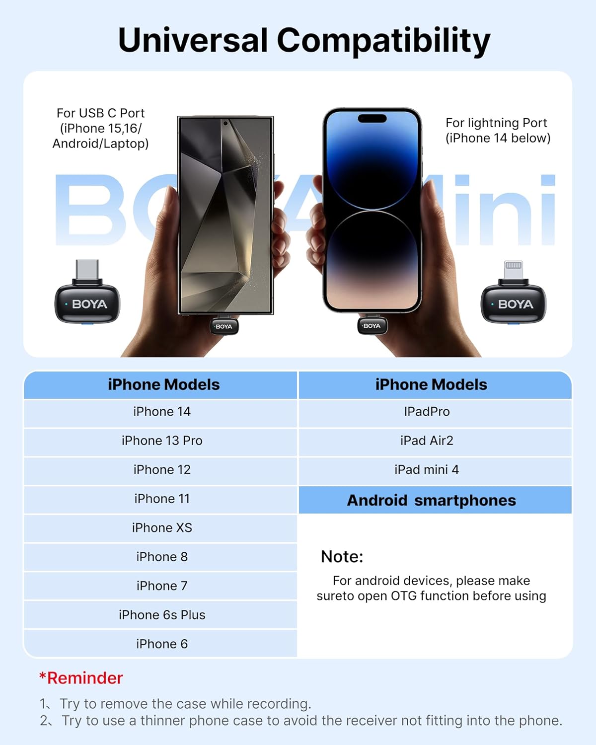 BOYA mini Wireless Microphone for iPhone/Android/PC/Tablets with USB C/Lightning Plug, MFi Certified, Noise Reduction, AI Voice Changer, 30H Battery Life with Charging Case for Video Recording Podcast