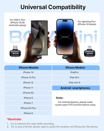 BOYA mini Wireless Microphone for iPhone/Android/PC/Tablets with USB C/Lightning Plug, MFi Certified, Noise Reduction, AI Voice Changer, 30H Battery Life with Charging Case for Video Recording Podcast