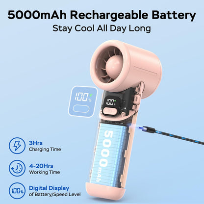 Portable Handheld Turbo Fan, 5000mAh Rechargeable Battery, Max 20Hrs Cooling, 5 Speeds Upto 11000RPM, Rotatable Design,4-IN-1 Personal Pocket Fan with Lanyard for Women Men Travel Beach Makeup Concert