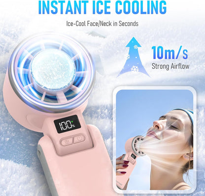 Portable Handheld Turbo Fan with Ice Cooling, Rechargeable Personal Fan, Up tp 12Hrs Cooling, 5 Speed 25550RPM Powerful Portable Fan for Travel, Outdoor, Camping, Hiking (Pink)