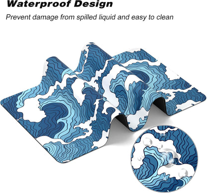 Extended Gaming Mouse Pad, Japanese Blue White Wave Mousepad, XL Large Mouse Mat Desk Pad 30 x 14 Inch, Waterproof Anime Mouse Pad with Stitched Edges and Non-Slip Base for Office Gaming