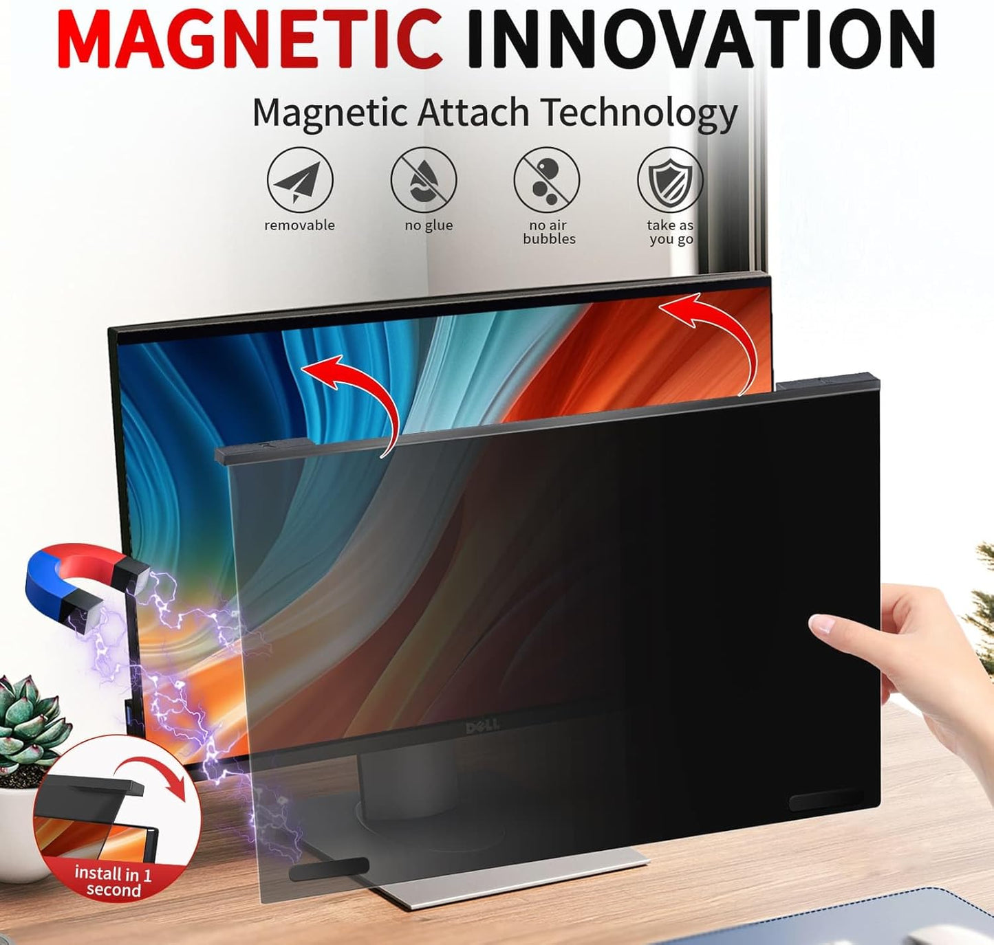 Magnetic 24 Inch Computer Privacy Screen Filter, Aluminum Alloy Hanging Privacy Screen for Computer Monitor for 16:9 Monitor Removable Anti Blue Light Eye Protection