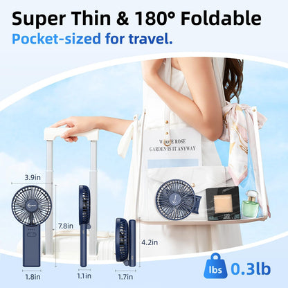 【SUPER THIN】 Portable Handheld Fan, 2025 Upgraded Strong Airflow, 20Hrs Runtime, 5000mAh, 180° Foldable, 5 Speeds, 3-IN-1 Mini Hand/Desk/Neck Fans, Travel Essentials Gifts for Women, Men