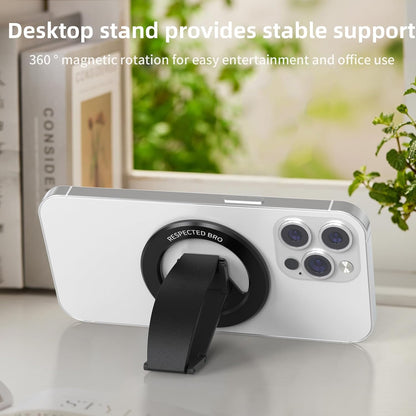 Magnetic-Phone-Grip-Stand, Magnetic Phone Ring Holder Kickstand with Silicone Finger Strap, Compatibility for iPhones, Androids, and More (Black)