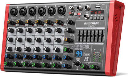 8 Channel Audio Interface Sound Board Mixing Console XLR 1/4 inch Jack USB Bluetooth Echo Delay Effect, Input 48V Phantom Power Stereo DJ Mixers for Podcasting