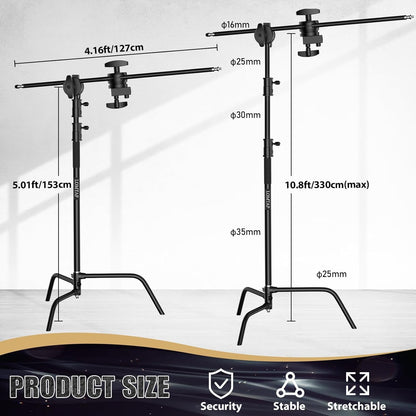 LOMTAP C Stand Light Stand Stainless Metal Photography Kit - Heavy Duty 6.8ft/210cm Vertical Pole, 2.8ft/87cm Boom Arm, Adjustable Base, Water Sandbag, 2 Grip Heads, 3 Clips for Softbox, Reflector