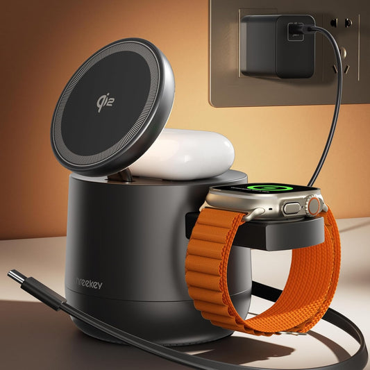 MFI Certified by Apple, 4 in 1 Magsafe Wireless Charging Station, Qi2 15W Magsafe Charger for iPhone 17/16/15/14/13/12 Series, iWatch, Airpods, iPad, 65W Charger Included (Black, 4 in 1)