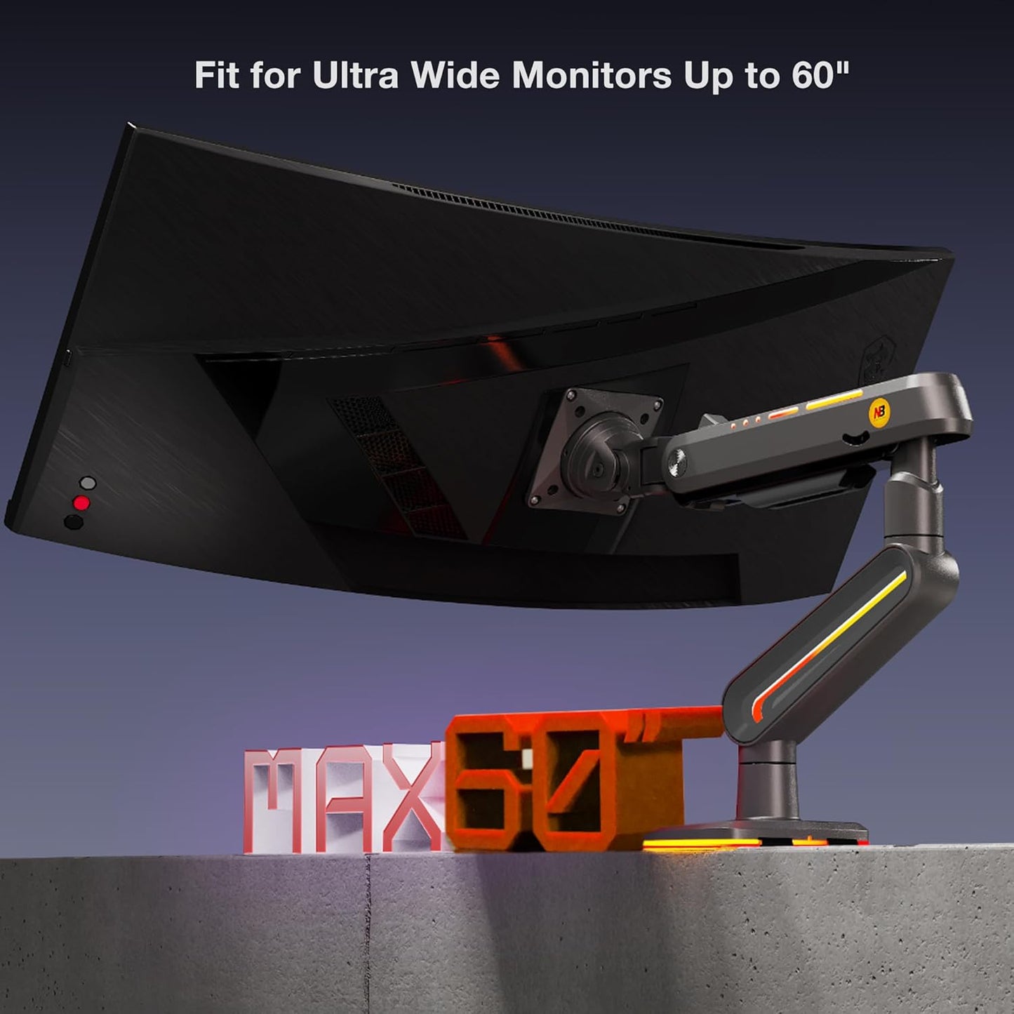 RGB Gaming Monitor-arm for Flat/Ultrawide/Curved Monitors 32 to 60 inch, Heavy Duty Stand Load up to 20 kg, VESA 75/100 mm Monitor-Mount F6-G