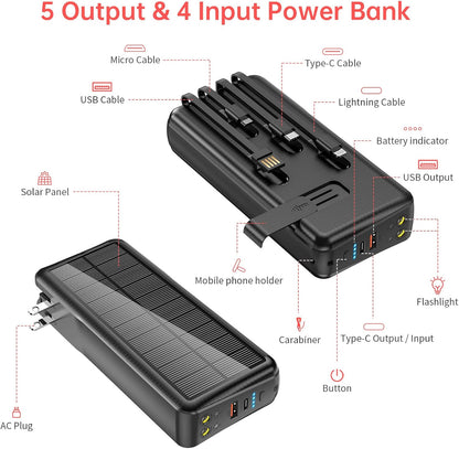 Portable Charger with Built in Cable and Wall Plug 50000mAh PD30W Fast Charging Solar Power Bank with 5 Output & 2 Input Dual LED Flashlights Phone Holder External Battery Pack (Black)