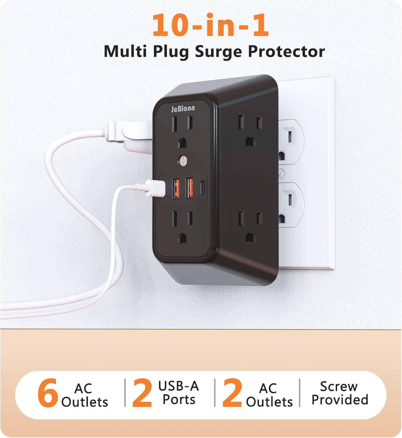 USB Wall Charger Power Strip Surge Protector with 4 USB Ports (2 USB C) Plug Extension Multiple Outlets Plug Extension Multi Outlet Plug in Adapter Spaced Outlets for Home Office Travel,White (Black)