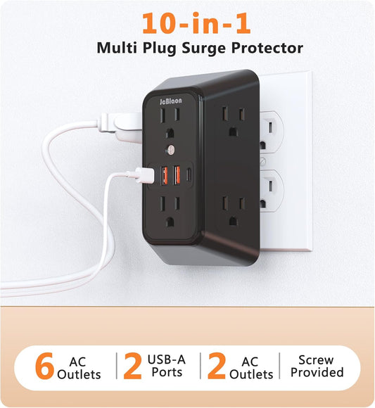 USB Wall Charger Power Strip Surge Protector with 4 USB Ports (2 USB C) Plug Extension Multiple Outlets Plug Extension Multi Outlet Plug in Adapter Spaced Outlets for Home Office Travel,White (Black)
