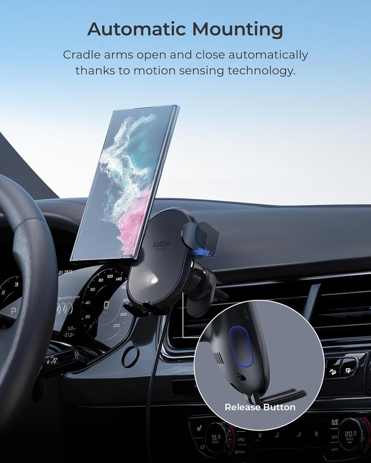 iOttie Auto Sense 2 Air Vent Car Phone Holder with Qi Wireless Charging - Auto Clamping Phone Mount for Google Pixel, iPhone, Galaxy, Huawei, LG, and Other Smartphones. Power Adapter Not Included.