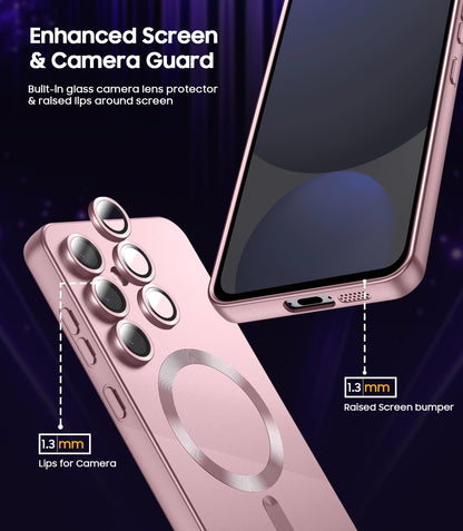 Magnetic for Samsung Galaxy S24 FE Case [Compatible with MagSafe][Built-in Camera Lens Protector] Slim Soft Silicone Bumper Shockproof Metallic Luster Phone Cover (Rose Gold)