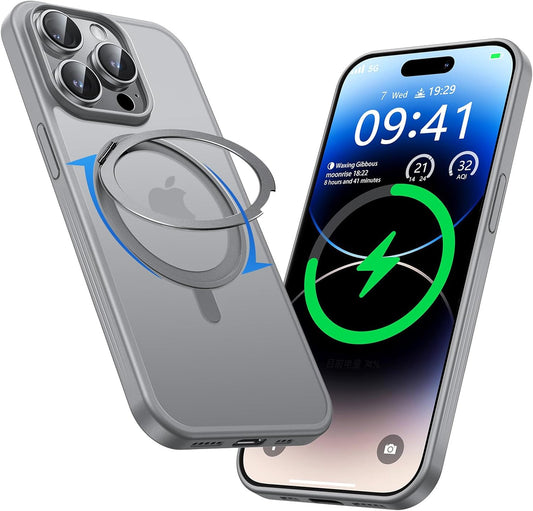 MAGIC JOHN 360° Rotatable Magnetic Invisible Stand for iPhone 15 Pro Case [Camera Control Button] [Compatible with MagSafe] 16FT Shockproof for iPhone 15 Pro Case with Kickstand, Gray