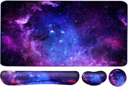 Keyboard Mouse Pad Set, Extended Mouse Pad+Keyboard Wrist Rest Support, Memory Foam Ergonomic, 3Pcs (35.4×15.7 in) Desk Pad Set for Home Office Study Game - Galactic