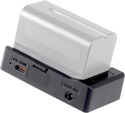 Foto4easy NP-F Battery Power Plate for NP-F970 NP-F960 NP-F770 NP-F550 NP-F570,DC 8V 12V USB-C Outputs 1/4" Cold Shoe Mount