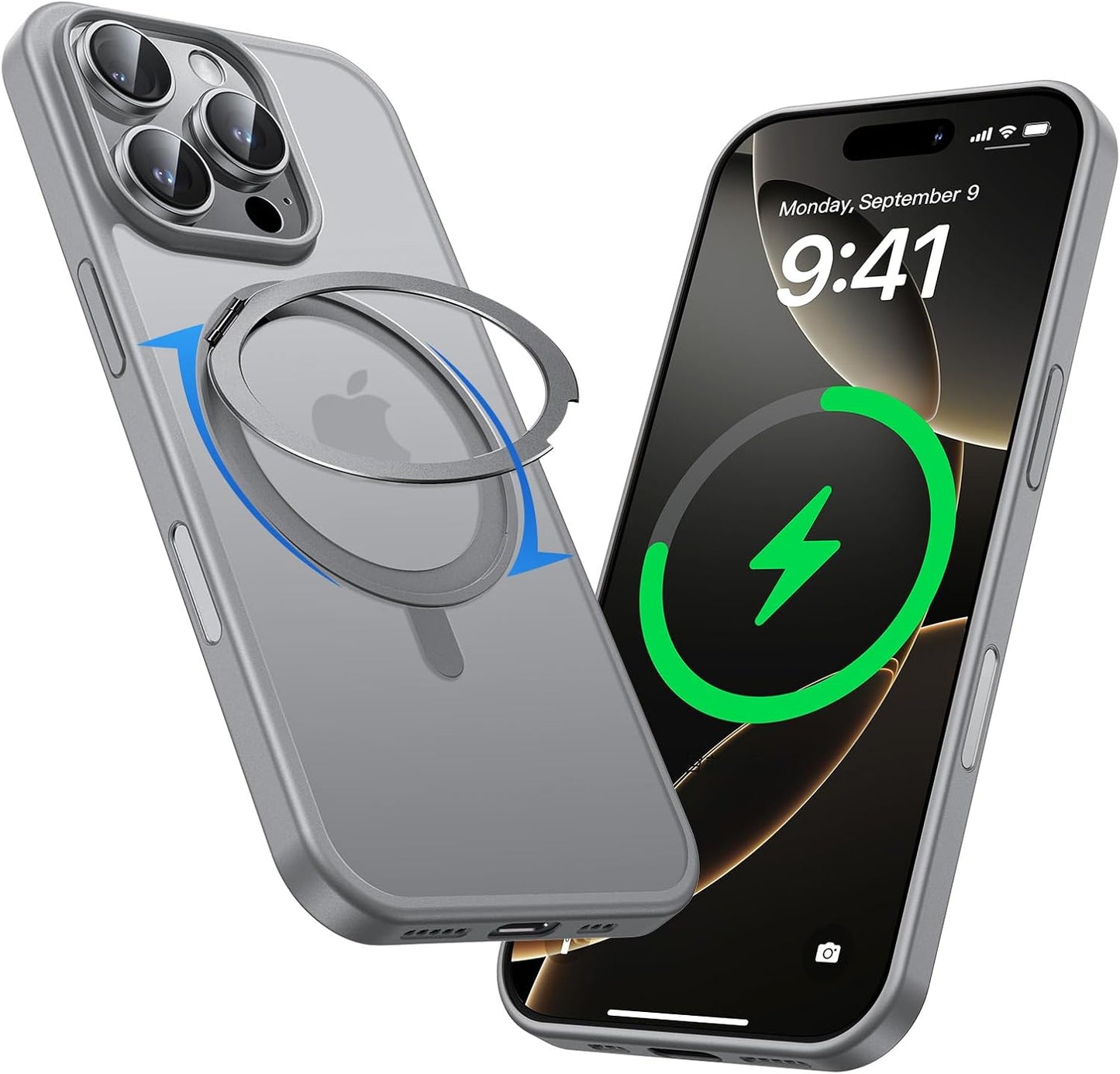 MAGIC JOHN 360° Rotatable Magnetic Invisible Stand for iPhone 16 Pro Case [Camera Control Button] [Compatible with MagSafe] 16FT Shockproof for iPhone 16 Pro Case with Kickstand, Gray