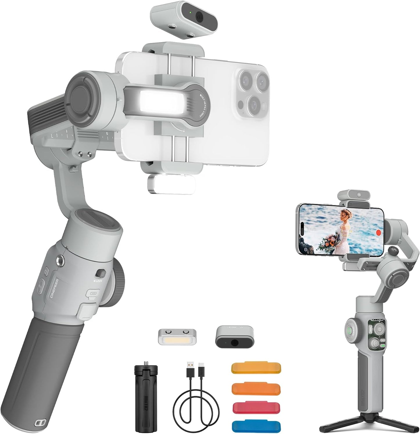 ZHIYUN CINEPEER Smooth 5E Combo Gimbal Stabilizer for iPhone, Android, Built-in Fill Light, Tripod, 3-Axis 300g Payload Phone Gimbal, Gesture Control, Vlogging Stabilizer for YouTube, TikTok