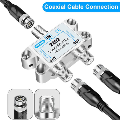2 Way Coaxial Cable Splitter,Support 10-2602MHz, RG6 Compatible, Nickel-Plated for Cable Splitter,Work with CATV, Satellite TV,Antenna System and MoCA Configurations