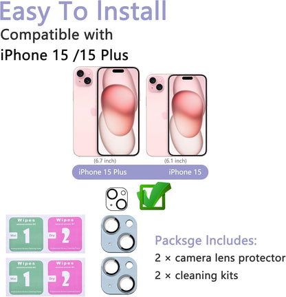 2 Pack Camera Lens Protector for iPhone 15 / iPhone 15 Plus,[Not Easy to Breakn ] AR Tempered Glass Strong Adsorption Metal Camera Cover Screen-Light blue