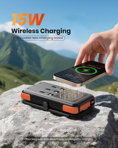 Solar-Charger-Power-Bank-49800mAh, 20W Fast Charging Portable Charger with Built-in 3 Cables & 4 Solar Panels, USB C Solar Battery Bank with LED Flashlights for Smartphones, Tablets