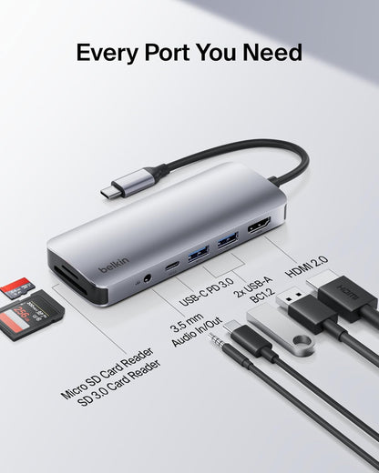 Belkin USB-C Hub, 7-in-1 Multiport Adapter - USB Docking Station with 4K HDMI, USB-C PD 3.0 Port, 2 x USB-A 3.1 Ports, SD Card & MicroSD Card Slots, & 3.5mm Audio Jack for MacBook, Air, iPad Pro, XPS