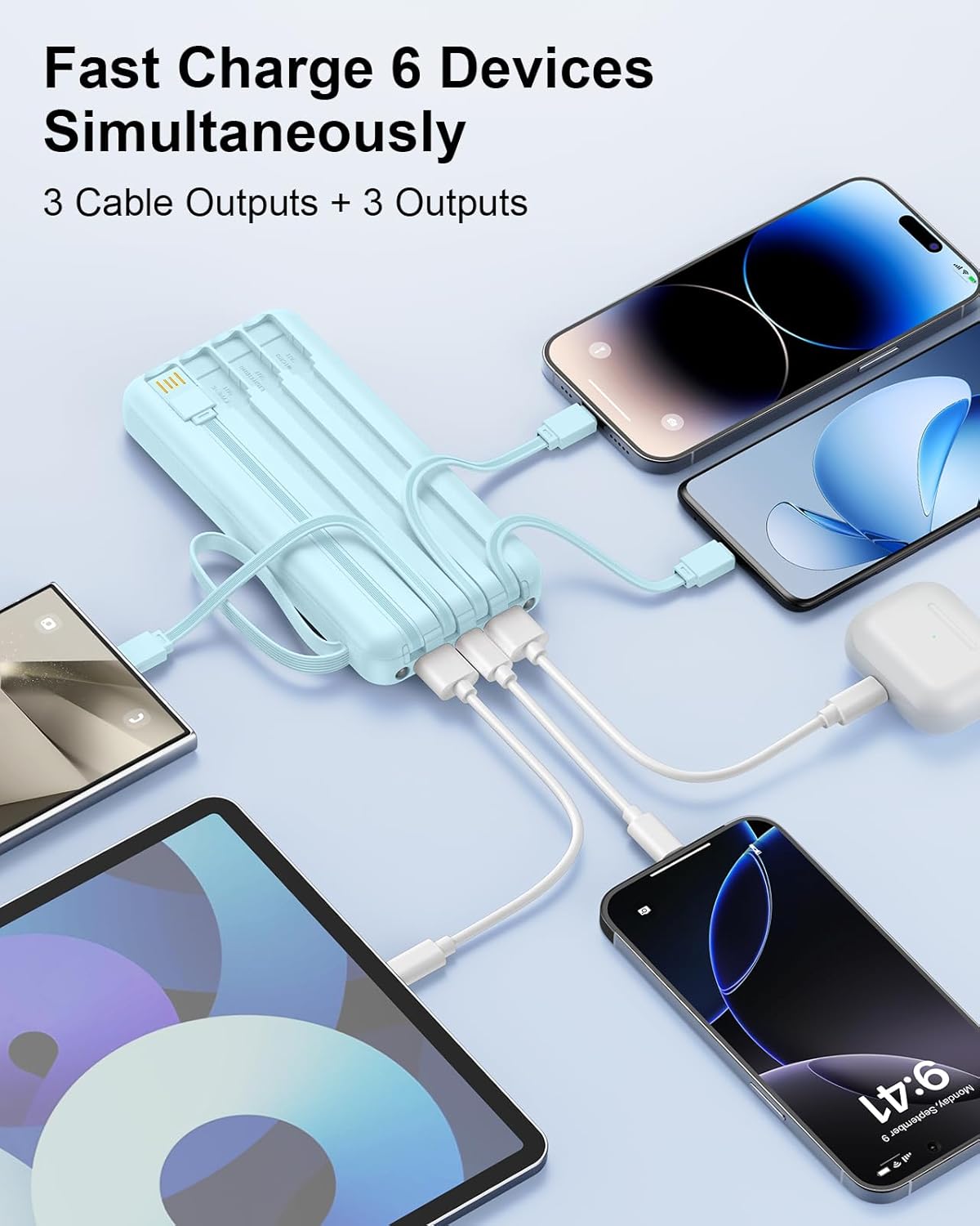 Portable Charger with Built in Cables, Slim 10000mAh Fast Charging 22.5W Power Bank USB C LED Display Battery Pack 6 Outputs & 2 Inputs for iPhone Samsung Pixel LG Moto iPad