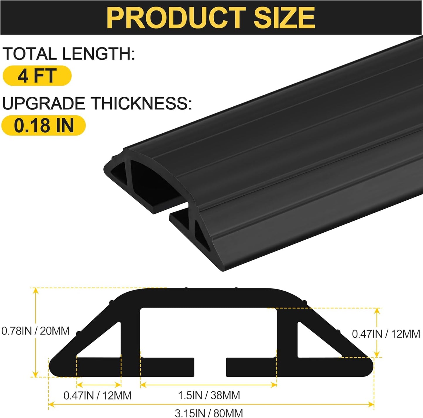 MYFAMIREA 4FT Floor Cord Cover Heavy Duty Cable Cover Protector with 3 Channels Extension PVC Floor Wire Cover Outdoor Cord Hider Management Cord Cover for Wire on Floor for Home Office Outdoor, Black