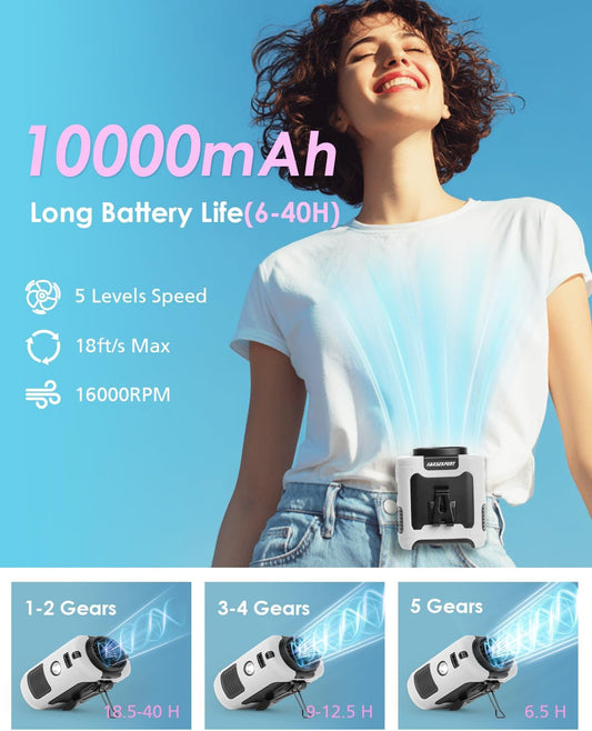 Portable Waist Fan Clip on, Personal Wearable Belt Fan 10000mAh Rechargeable Battery Under Shirt,5 Speeds with light, Neck Fan Hands-Free Cooling For Outdoor Camping Travel (White)